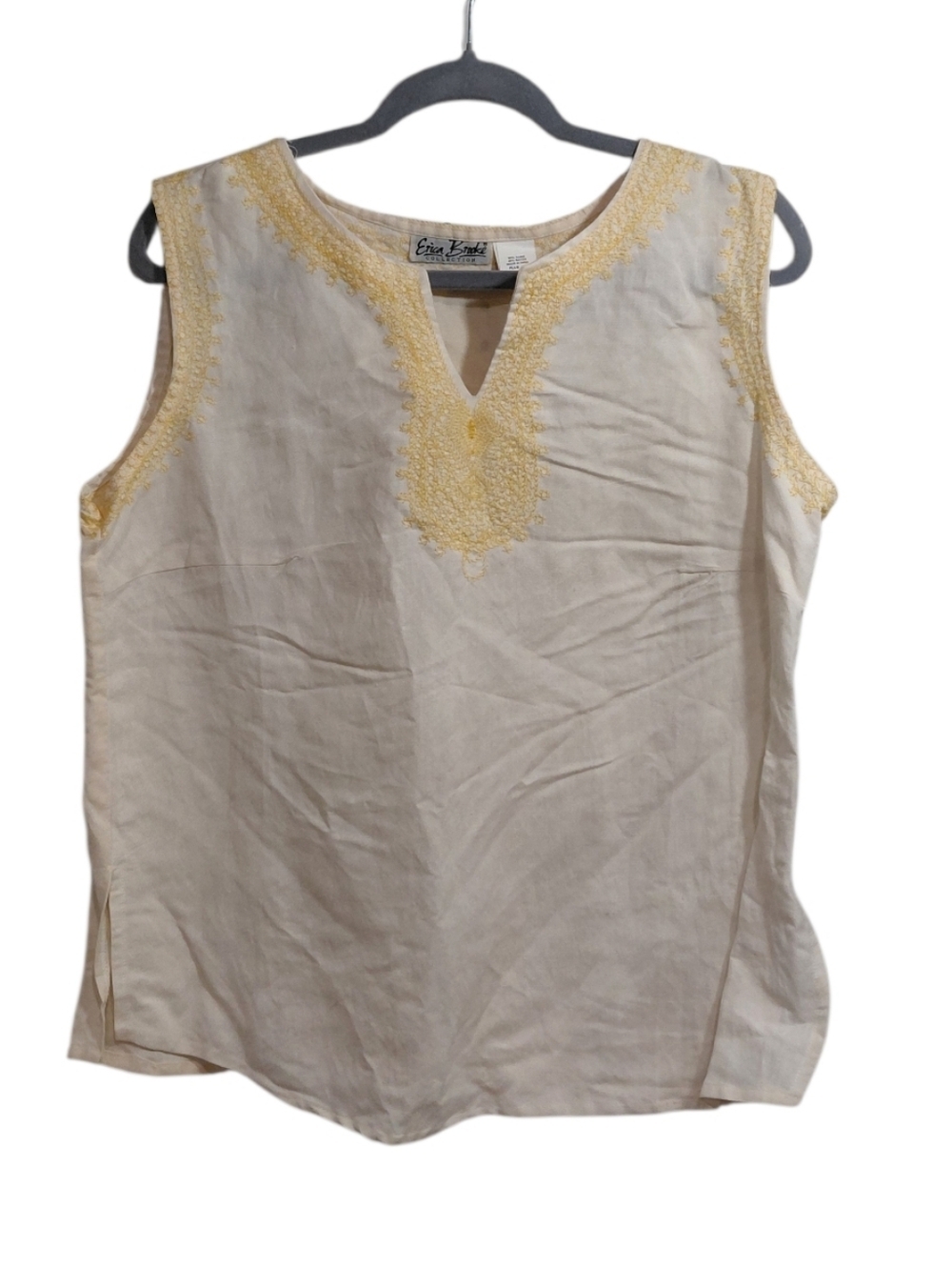 Erika Brooke Cream Sleeveless Linen Tunic with Yellow Embroidery